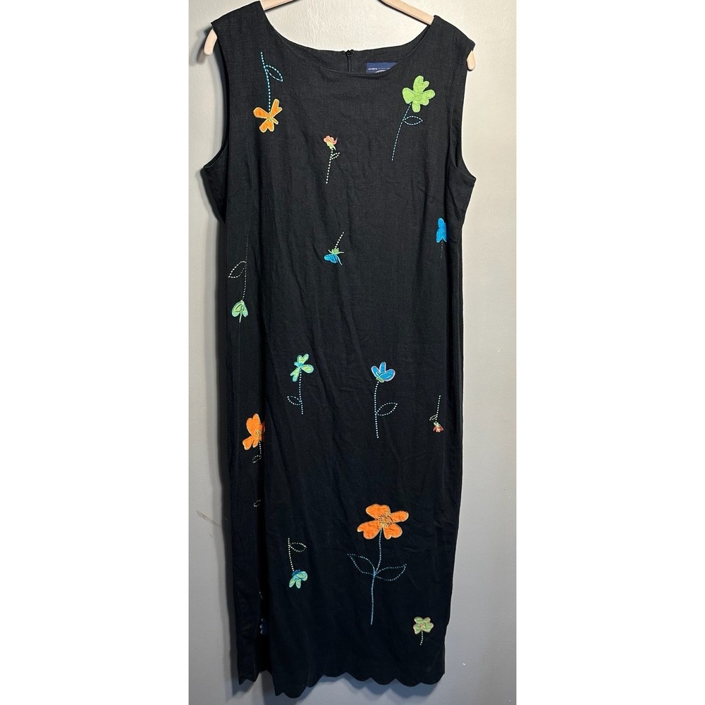 Vintage 90s Floral Maxi Dress L/XL Black Linen Zip Embroidered Long Tank Cottage